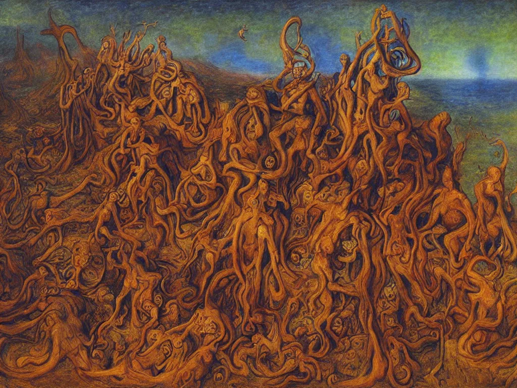 Prompt: the wacky sailors in the vapid ayahuasca desert realm. painting by monet, alex grey, bosch, jan van eyck, beksinski, alfred kubin