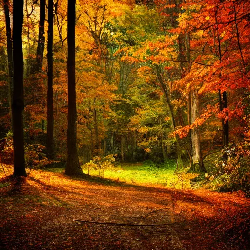 Prompt: super relaxing autumn crisp day in the appalachian mountains, fall, october, crisp cool day, warm sun, memories and nostalgia, hyperrealism photo - realistic photography volumetric lighting enchantingly beautiful forest