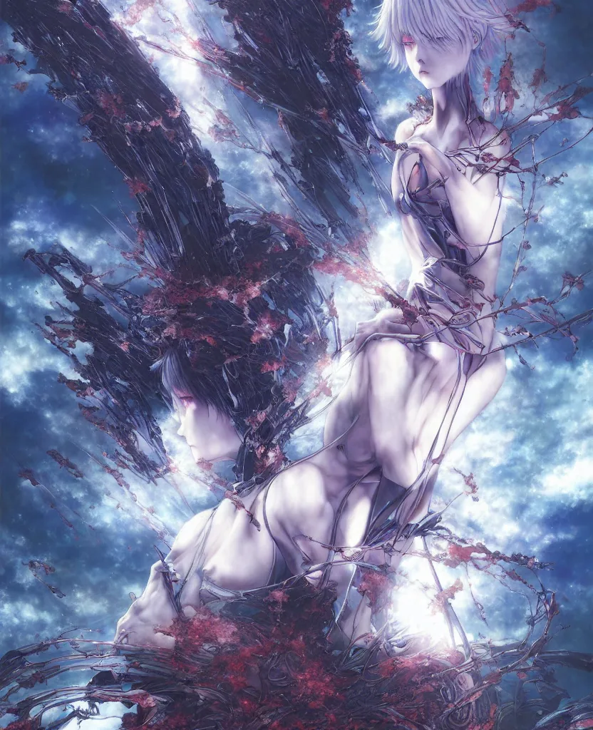 Prompt: realistic digital illustration of fantasy science fiction landscape, rei ayanami, depth perception, depth of field, high resolution, action horror, gothic, rich deep colors. by yoshitaka amano, by yukito kishiro, by yoshiyuki sadamoto, masterpiece