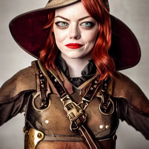 Prompt: full shot photo of emma stone as a steampunk warrior