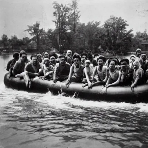 Prompt: a group of refugees on a raft, water ride amusement park, war photography