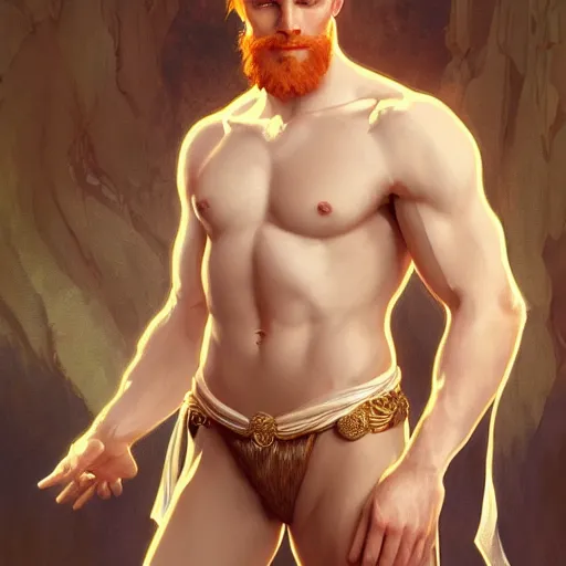 Image similar to beautiful natural male ginger angel wearing a white loincloth, intricate, elegant, highly detailed, digital painting, artstation, concept art, smooth, sharp focus, illustration, art by artgerm and greg rutkowski and alphonse mucha and loish and WLOP