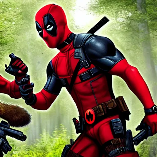 Image similar to deadpool and rocket raccoon in the woods digital art 4 k detailed super realistic