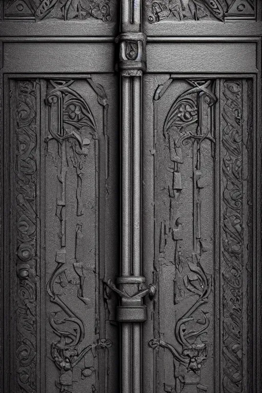 Image similar to cast iron door. mysterious. ominous shapes. photoreal, hyper - detailed. gothic. medieval. octane render
