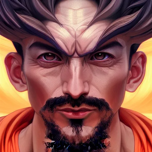 Image similar to symmetry!! intense portrait of sangoku ssj, intricate, elegant, highly detailed, my rendition, digital painting, artstation, concept art, smooth, sharp focus, illustration, art by artgerm and greg rutkowski and alphonse mucha