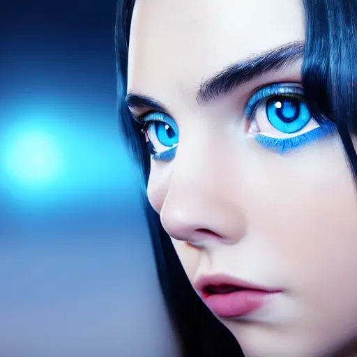 Image similar to album cover, girl with blue eyes, long dark hair, turned head to face camera from behind, 8K, volumetric lighting, highly detailed, immaculate scale, hyper-realistic