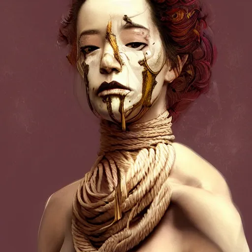 Image similar to portrait of a Shibari rope wrapped face and neck, headshot, insanely nice professional hair style, dramatic hair color, digital painting, of a old 18th century, Royal Emperor, amber jewels, baroque, ornate clothing, scifi, realistic, hyperdetailed, chiaroscuro, concept art, art by Franz Hals and Jon Foster and Ayami Kojima and Amano and Karol Bak,