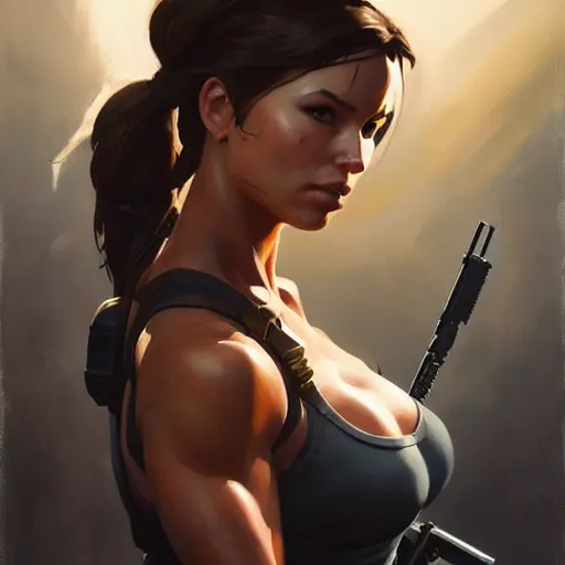 Image similar to Greg Manchess portrait painting of Lara Croft as Overwatch character, medium shot, asymmetrical, profile picture, Organic Painting, sunny day, Matte Painting, bold shapes, hard edges, street art, trending on artstation, by Huang Guangjian and Gil Elvgren and Sachin Teng