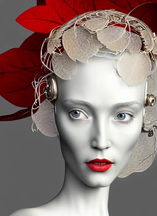 Image similar to complex 3d render ultra detailed of a beautiful porcelain profile woman face, mechanical cyborg, 150 mm, beautiful natural soft light, rim light, silver gold details, magnolia big leaves and stems, roots, fine foliage lace, maze like, mesh wire, intricate details, hyperrealistic, ultra detailed, mandelbrot fractal, anatomical, red lips, white metal neocubism armor, facial muscles, cable wires, microchip, elegant, octane render, H.R. Giger style, 8k