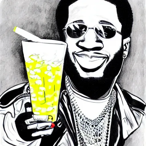 Prompt: ink drawing of gucci mane drinking lemonade, hyper realistic