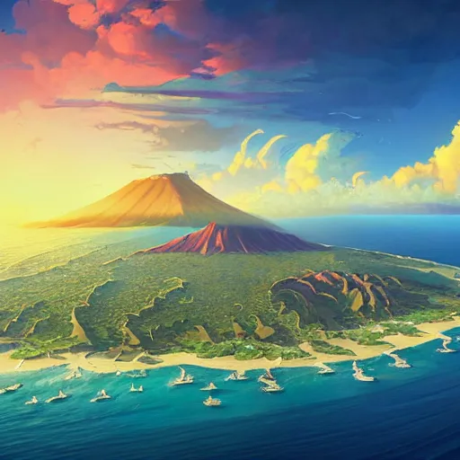 Image similar to a painting a breathtaking aerial view of Hawaiian islands with Pirates, surrounded by palm trees, clouds, flowers, volcano, azure ocean, sunlight glistening, glow, , a detailed matte painting by sylvain sarrailh, Stephan Martinière, by RHADS, Makoto Shinkai, bokeh, Artstation contest winner, fantasy art, concept art, #vfxfriday