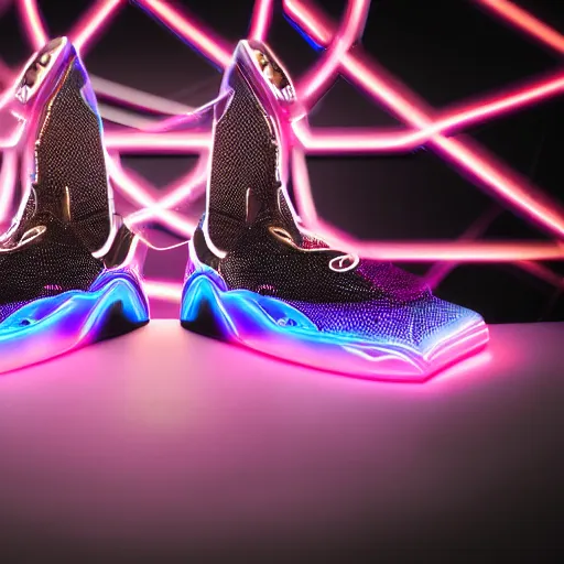 Prompt: a profesional studio advertising photograph of a pair of digital futuristic sneakers with neon lights and mayan aesthetic shot in a profesional photographic studio