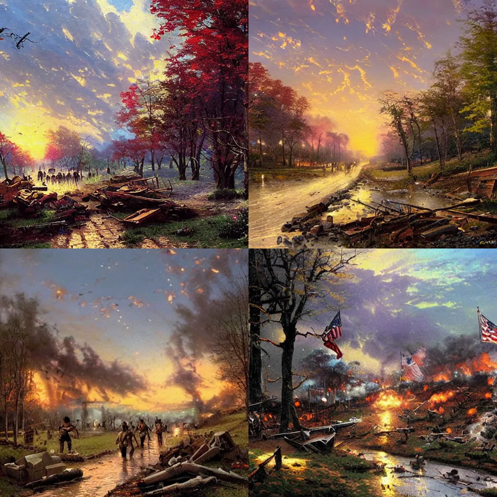 Prompt: beautiful painting of aftermath of civil war battle by Thomas Kinkade