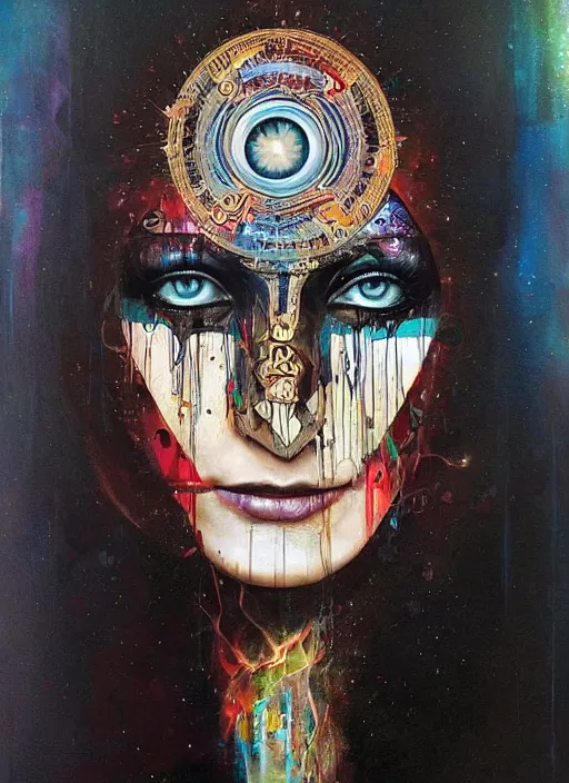 Image similar to gorgeous magic cult psychic woman smiling, third eye, subjective consciousness psychedelic, epic surrealism expressionism symbolism, story telling, iconic, dark robed, oil painting, symmetrical face, dark myth mythos, by Sandra Chevrier, Noriyoshi Ohrai masterpiece