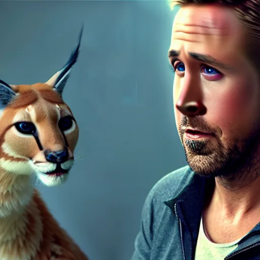 Image similar to A beautiful hyper realistic ultra detailed lifelike cinematic still of Ryan Gosling holding a cute caracal, unreal engine, deviantart, flickr, artstation, octane render, textured, colorful, extreme realistic detail, physically based rendering, pbr render, very detailed, volumetric lighting, detailed lighting, octane render, 4k, cinematic lighting, 8k resolution