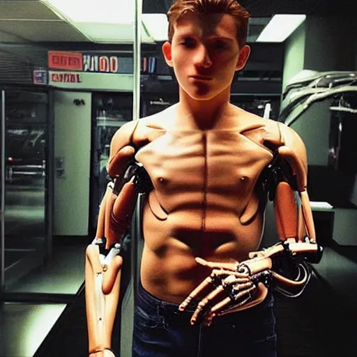 Prompt: “a realistic detailed photo of a guy who is the terminator robot, a cyborg consisting of living tissue over a robotic endoskeleton, who is a male android, Tom Holland, posing like a statue, blank stare”