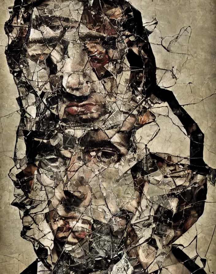 Prompt: existential distortion, digital collage, decoupage, assemblage, photomontage, francis picabia, jesse draxler, canvas texture, contemporary art, punk art, photorealistic, portrait, expressionism, masterpiece, dynamic composition, spectacular quality, intricate oil details, broken glass