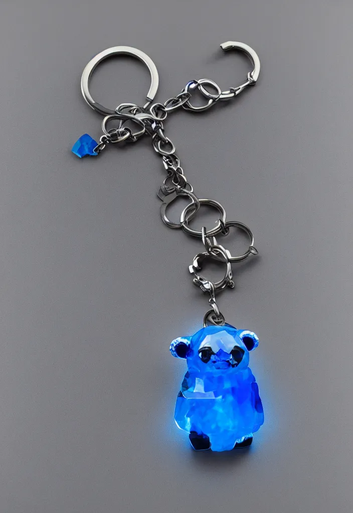 Image similar to a small blue crystal bear keychain by greg rutkowski, sung choi, mitchell mohrhauser, maciej kuciara, johnson ting, maxim verehin, peter konig, 8 k photorealistic, cinematic lighting, hd, high details, dramatic, atmosphereric, trending on artstation