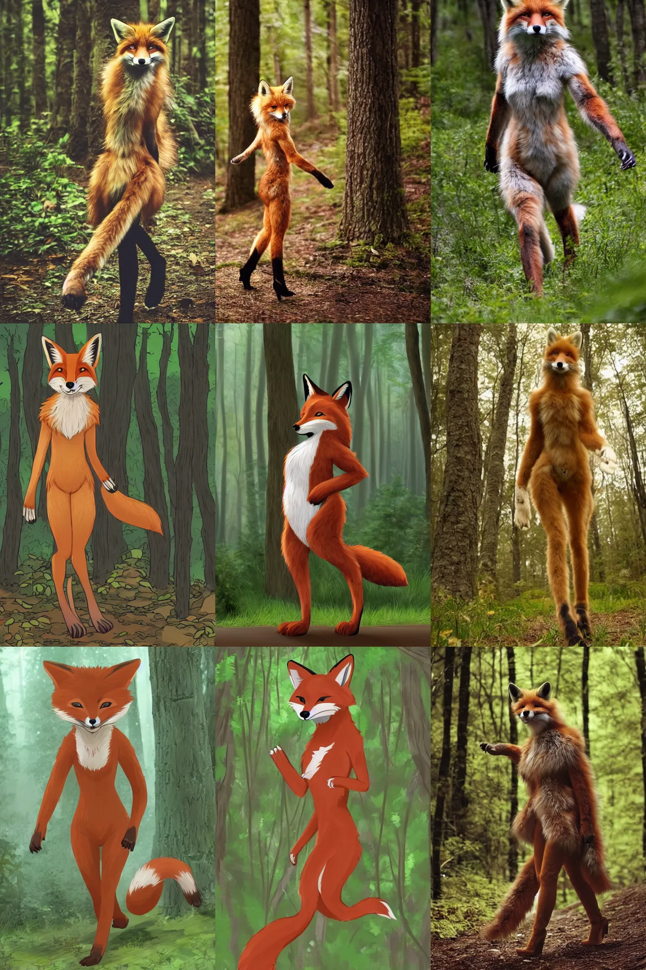 Prompt: anthro furry digitigrade natural - colored fox!!!! woman with black paws, walking upright in a forest, cinematic