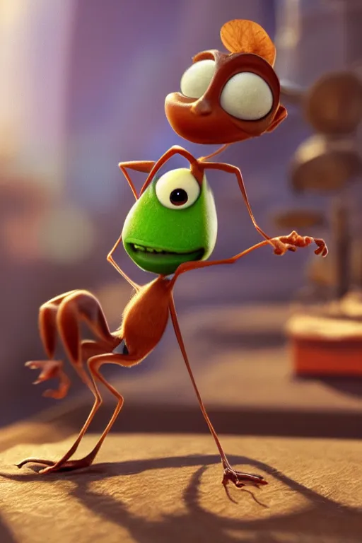 Image similar to a funny ant character with big eyes holding a cup of coffee on top of a leaf at a sunny morning. pixar disney 4 k 3 d render movie oscar winning trending on artstation and behance. ratatouille style.