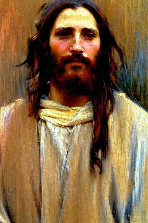 Image similar to impressionist brushstrokes!!!!!!!!! solomon joseph solomon and richard schmid and jeremy lipking victorian loose genre loose painting full length portrait painting of jesus with a slight smile happy inviting