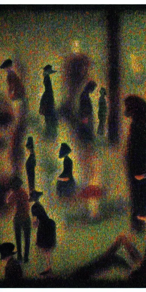 Prompt: a film still of enter the void by gaspar noe movie, painted by georges seurat, impressionism, pointillism, detailed!, witches, mansion,