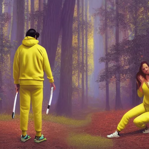 Image similar to Big wall poster artwork of forest by Michael Whelan, Rendering of a dead woman wearing yellow velor sweat suit and dirty heavily worn white keds slip on tennis shoe with toes pointing up covered by dark colored leaves and twigs from the calf and up, Matte painting, trending on artstation and unreal engine