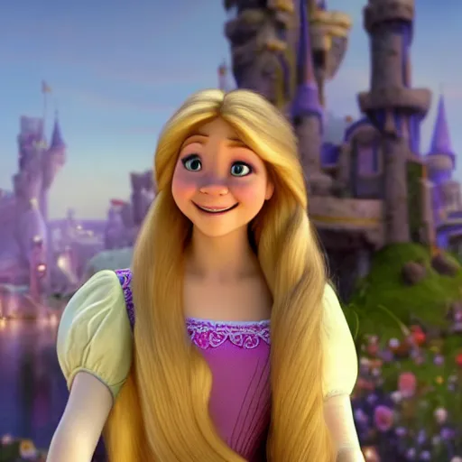 Image similar to Jennette McCurdy as Rapunzel in disney tangled live action, 8k full HD photo, cinematic lighting, anatomically correct, oscar award winning, action filled, correct eye placement,