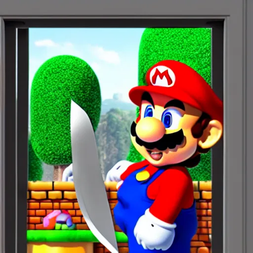 Image similar to super mario holding a knife outside a house window