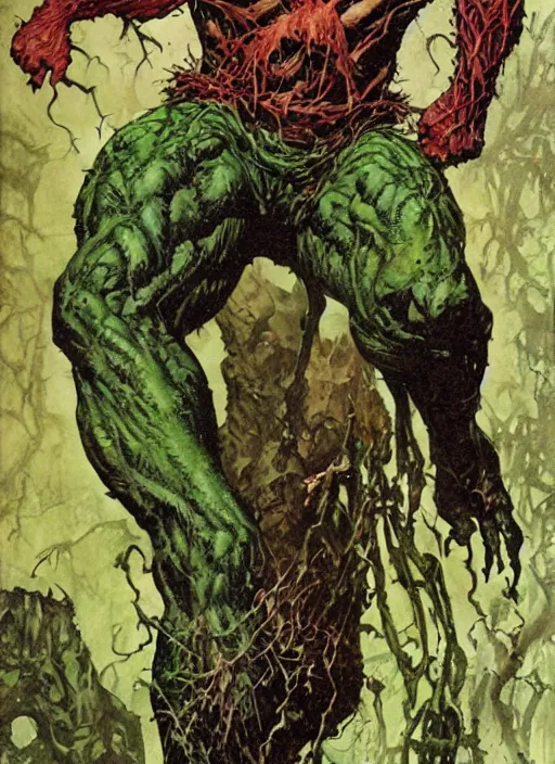 Image similar to full body and head portrait of marvel's swamp thing, dynamic action, painted by norman rockwell and phil hale and greg staples and tom lovell and frank schoonover and jack kirby