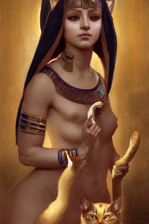 Prompt: portrait of the beautiful egyptian goddess, bastet, bast, woman / cat hybrid, torchlight in an egyptian tomb, digital art by ruan jia and mandy jurgens and artgerm and william - adolphe bouguereau, highly detailed, trending on artstation, award winning,
