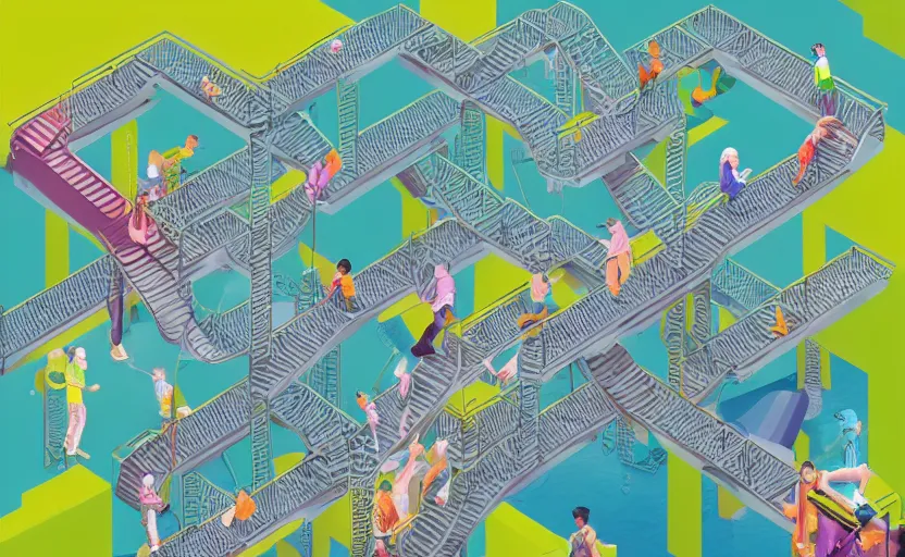 Image similar to chutes and ladders, centered award winning digital illustration, isometric illustration by beeple, edited by mc escher, detailed by raqib shaw, popsurrealism, symmetrically isometrically centered