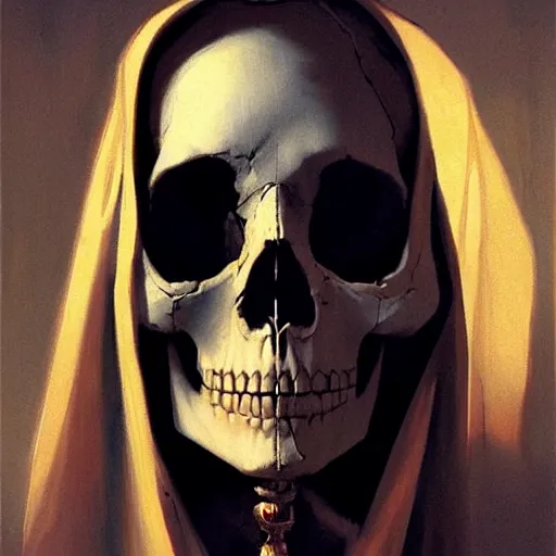 Image similar to painting of the virgin mary skull face by greg rutkowski and jc leyendecker