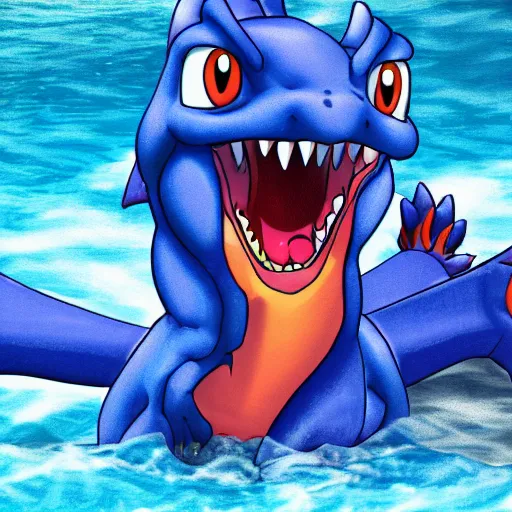 Image similar to a blue Charizard with water powers,realistic,ocean background