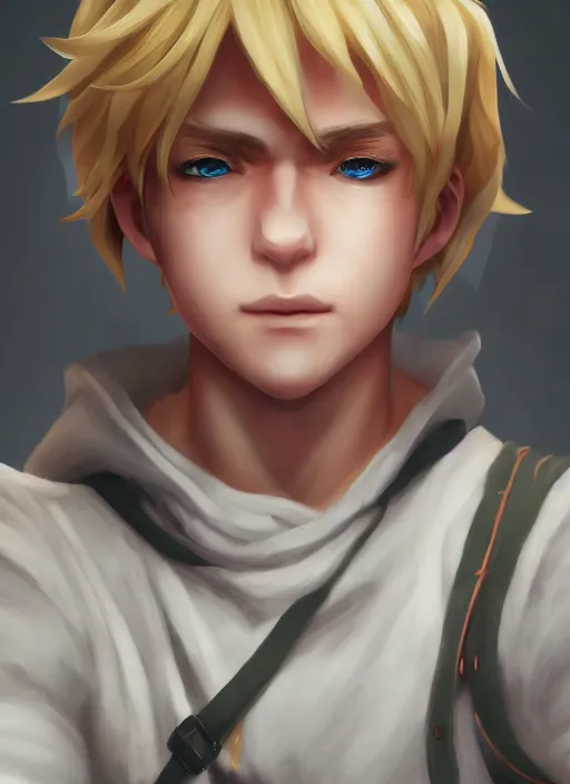 Image similar to An epic fantasy anime style portrait painting of a young blonde boy thief, unreal 5, DAZ, hyperrealistic, octane render, cosplay, RPG portrait, dynamic lighting