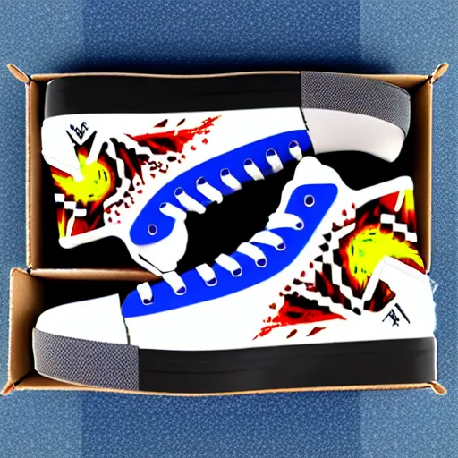 Prompt: fantasy jrpg sneaker design designed by capcom megaman, chrono trigger guilty gear style, aztec mayan street fashion native punk sneaker design, focus on megaman hip hop sneaker design with subtle mayan patterns, gapmoe yandere grimdark, trending on pixiv fanbox, painted by greg rutkowski makoto shinkai takashi takeuchi studio ghibli, akihiko yoshida