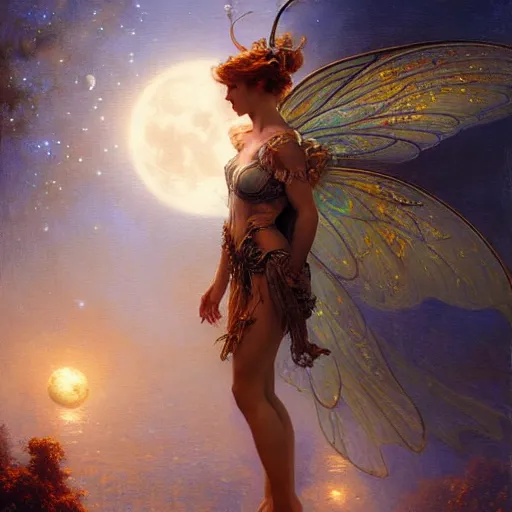 Image similar to attractive fairy magically floating high in the night, fantasy, full moon in background. highly detailed painting by gaston bussiere, craig mullins, j. c. leyendecker, mid shot, 8 k realistic, cryengine, frostbite 3 engine, sharp focus