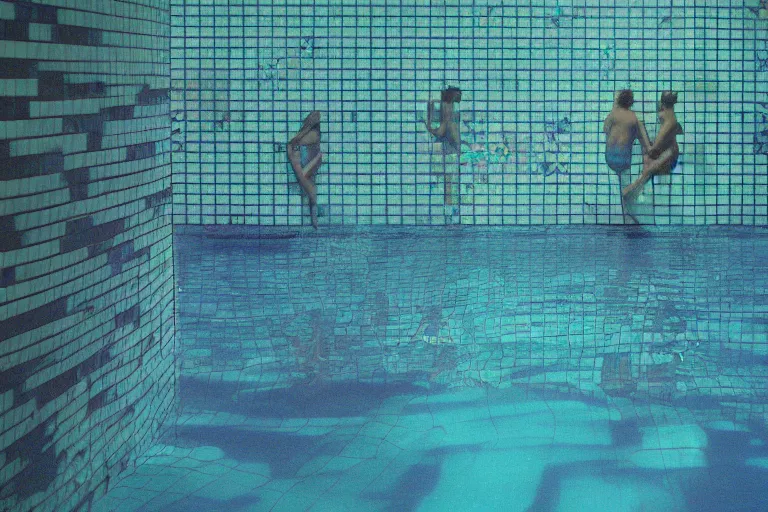 Image similar to 1 9 7 0 s found footage of an underwater space made up of a non - euclidean, geometric and tiled swimming pool hallways, neon color bleed, ektachrome photograph, volumetric lighting, f 8 aperture, cinematic eastman 5 3 8 4 film stanley kubrick