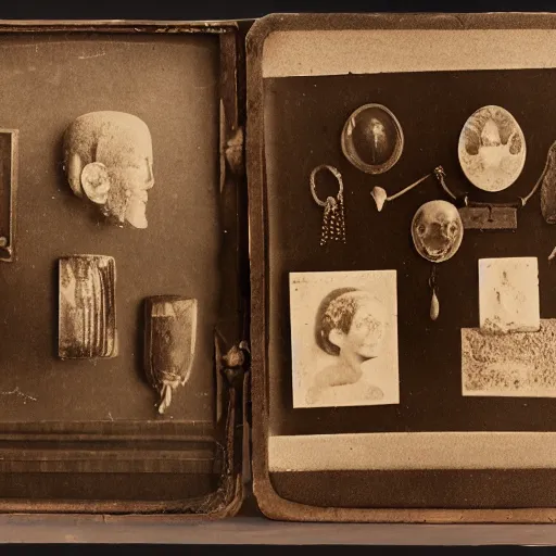 Image similar to Tintype photograph of primitive objects displayed in an ethnographic museum, archive material, anthropology, 1920s studio lighting.