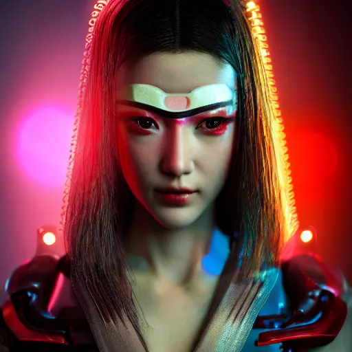 Image similar to cyberpunk geisha, full cyborg body, goddess body cinematic lighting, beautiful face, ultra detail, ultra realistic, photo realistic, octane render,