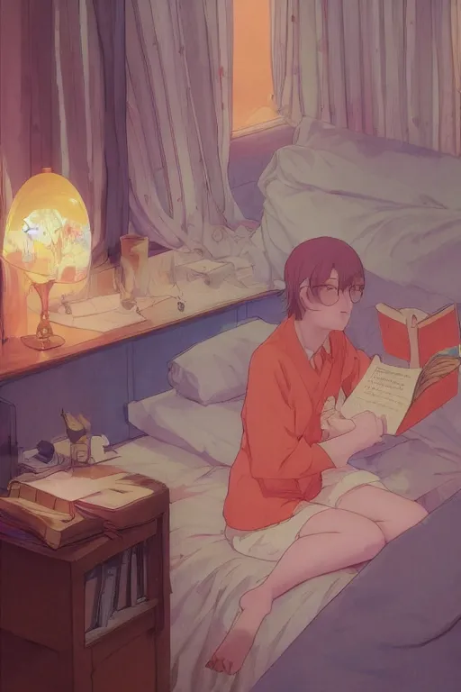 Prompt: a teenage girl with white short hair in a jk uniform outfit in the bedroom reading a book in a night, raining outside the window, orange theme, by krenz cushart and mucha and akihito yoshida and greg rutkowski and makoto shinkai, detailed eyes, 4 k resolution