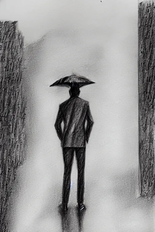 Image similar to a drawn man standing in the rain. pencil sketch.