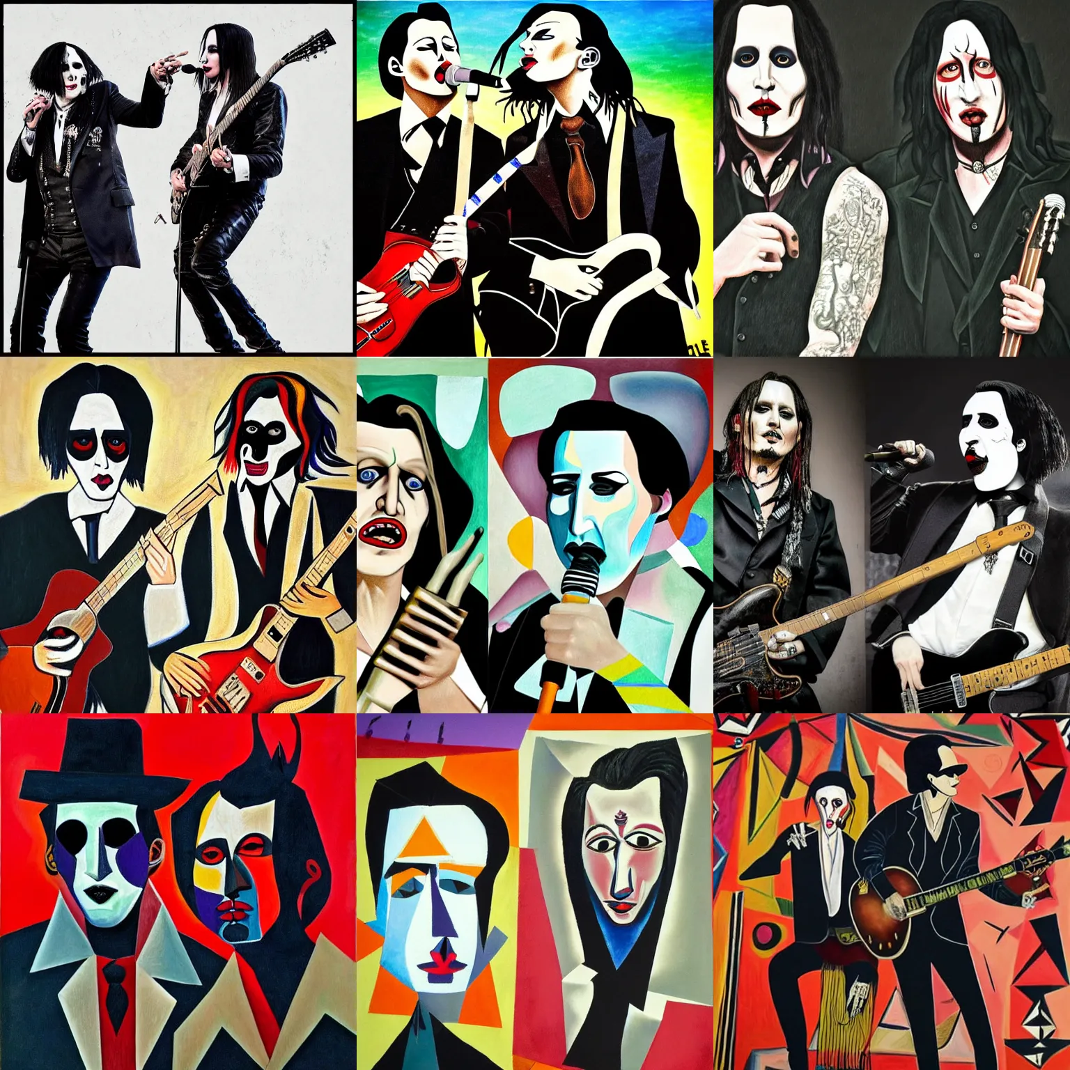 Prompt: A photorealistic photograph of Johnny Depp and Marilyn Manson performing on stage in a band in the style of Pablo Picasso. Trending on Artstation, featured on Behance, well-rendered, intricate, highly detailed, very crisp illustration, Unreal Engine, 4K HD