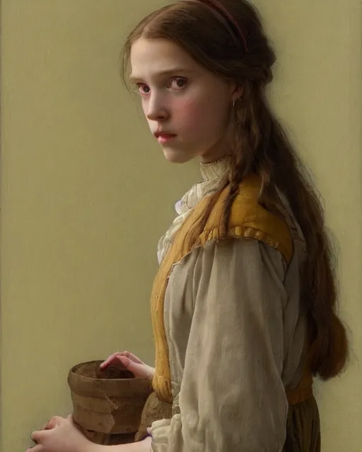 Image similar to a window - lit realistic portrait painting of a thoughtful girl resembling a young, shy, redheaded alicia vikander or millie bobby brown wearing peasant clothes by an open window, highly detailed, intricate, concept art, artstation, by donato giancola, vermeer, and william bouguereau