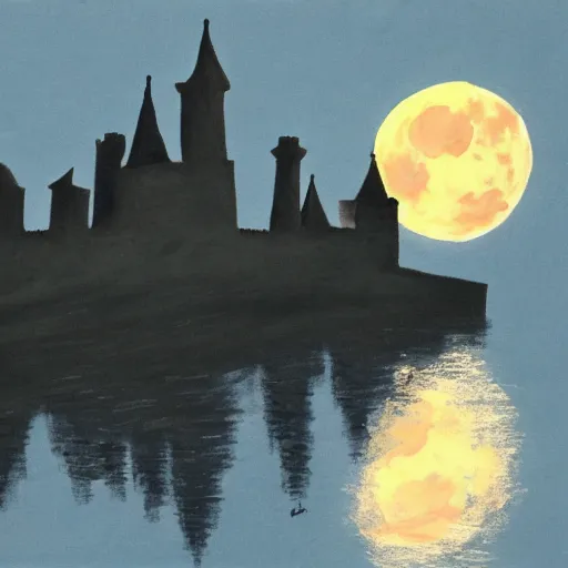 Prompt: highly detailed, silhouette of a castle on misty mountains, beautiful, calm, full moon, gouache painting