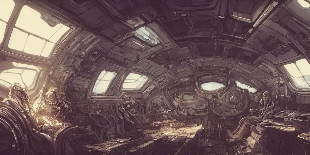 Prompt: Victorian spaceship interior, kim jung gi style, Greg Rutkowski, Zabrocki, Karlkka, Jayison Devadas, trending on Artstation, 8K, ultra wide angle, zenith view, pincushion lens effect