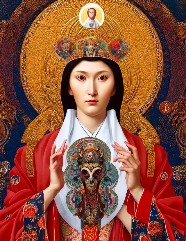 Image similar to 3 d goddess close - up profile portrait russian orthodox icon with ram skull. beautiful intricately detailed japanese crow kitsune mask and clasical japanese kimono. betta fish, jellyfish phoenix, bio luminescent, plasma, ice, water, wind, creature, artwork by tooth wu and wlop and beeple and greg rutkowski