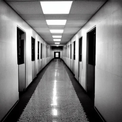 Image similar to a lonely school hallway, with some windows and lockers on the sides, at midnight, liminal space, grainy footage, fluorescent lights,