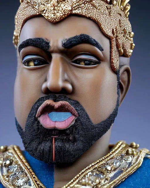 Image similar to highly detailed closeup, face profile portrait of a tin toy kanye west as a fairytale king wearing a crown and sitting on a throne, robes, depth of field, nicoletta ceccoli, mark ryden, lostfish, max fleischer, breathtaking, detailed and intricate environment, 8 k resolution, hyperrealistic, octane render