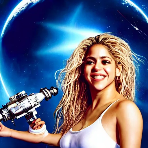 Image similar to of a closeup photo of shakira as a hero sci fi space cosmonaut holding a raygun in a nice action pose, there is an explosion on the background of a space station blowing hair and lighting her with a rim light, she is laughing,, f 2. 8, advertising studio lighting,